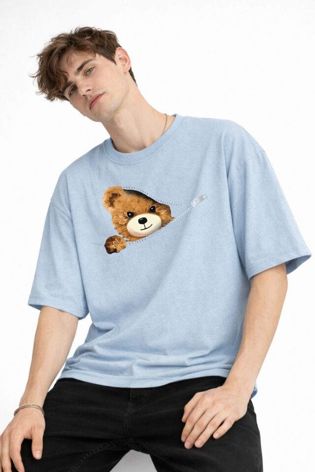 MN - Bear Baskılı Oversize Tişört AÇIK MAVİ