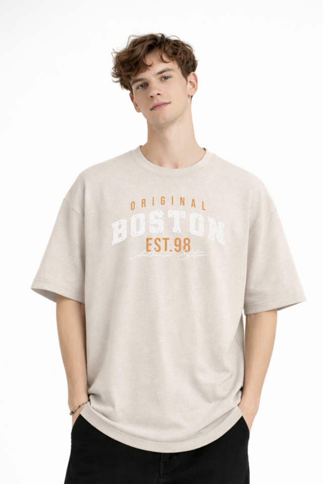 Boston - Baskılı Oversize Tişört BEJ