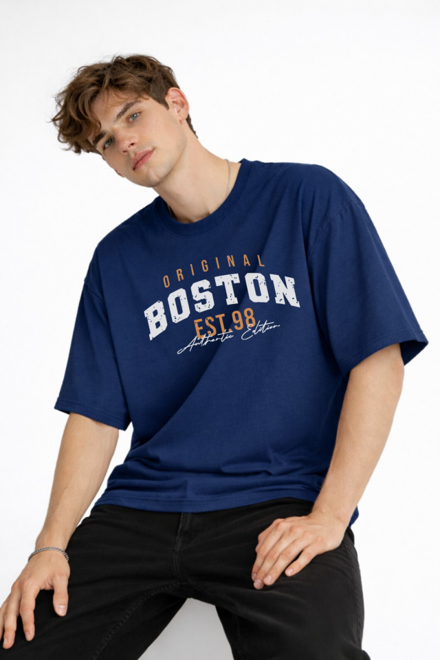 Boston - Baskılı Oversize Tişört LACIVERT