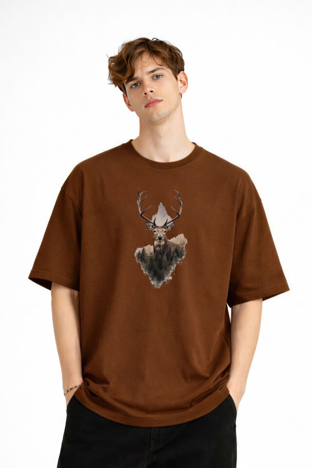 Deer - Oversize Erkek Tişört KAHVE